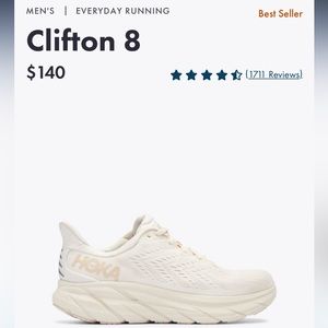 Men’s size 9 (or women’s size 10.5) Clifton 8 Hokas in eggnog/shifting sand.